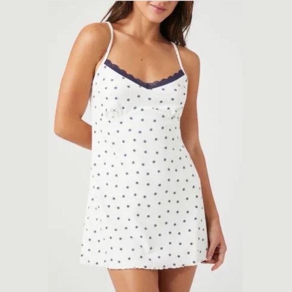 Cute Pajama Night Dress Star Print Lace-Trim Pajama Slip - Picture 1 of 8